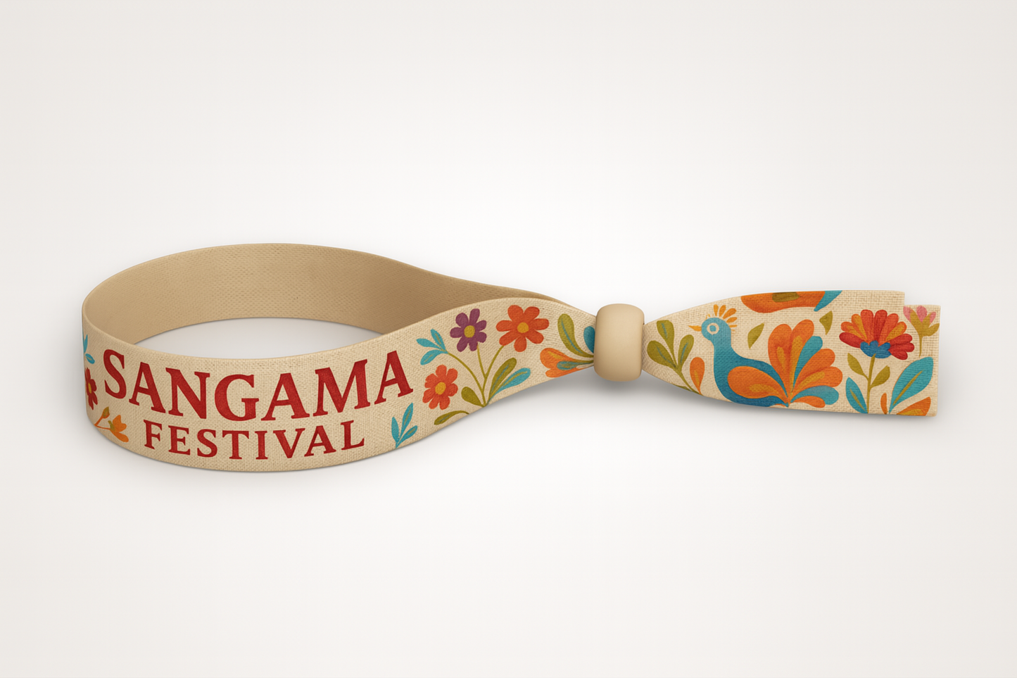 A photo of a bamboo fabric wristband with color print