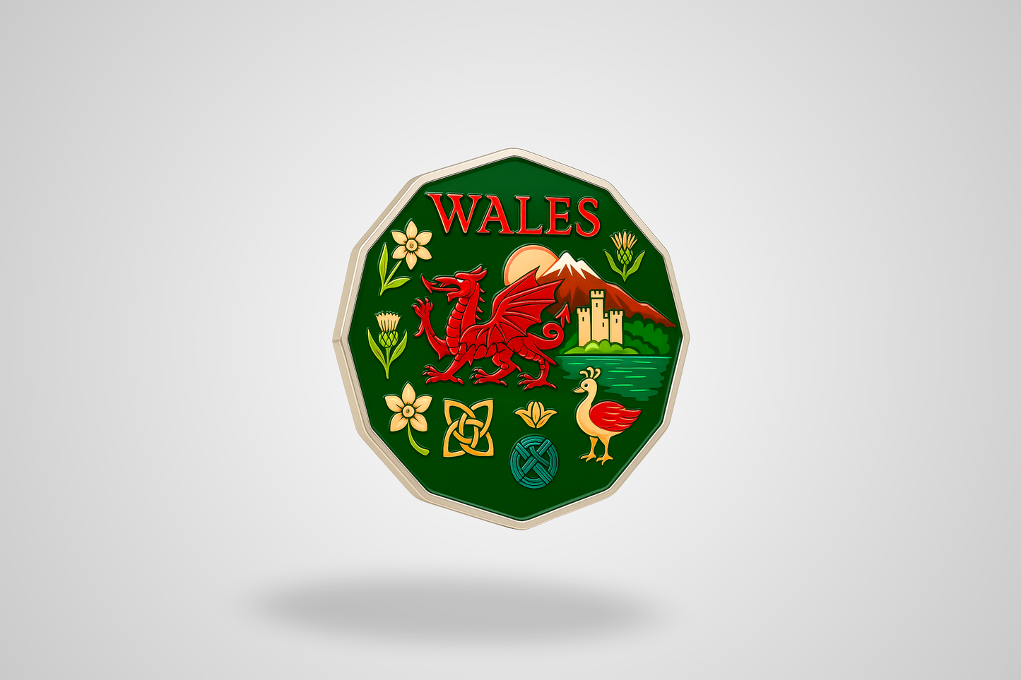 A photo of a UK trolley coin with full-color printing