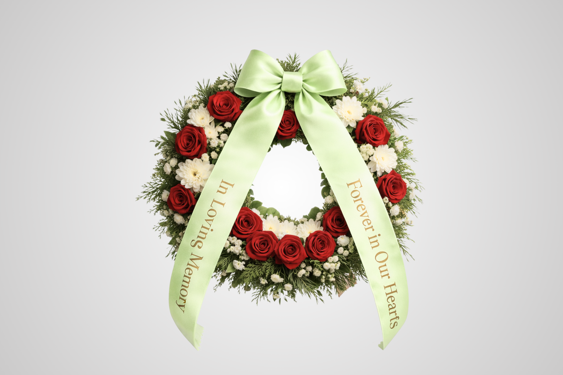 Umweltfreundliches, hellgrünes Satin-Blumenstraußband mit individuellem Design von JM Band®.