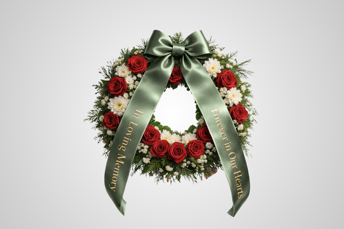 Individuell bedrucktes, umweltfreundliches Satin-Blumenstraußband in Moosgrün von JM Band®.