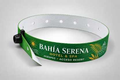 Grünes Stoffarmband mit schwarzem Druckknopfverschluss und bedrucktem Hotellogo