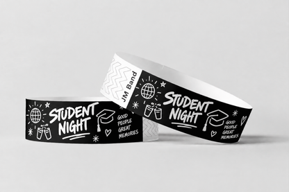 Zwei schwarze Papierarmbänder mit weißem Studentenparty-Druck