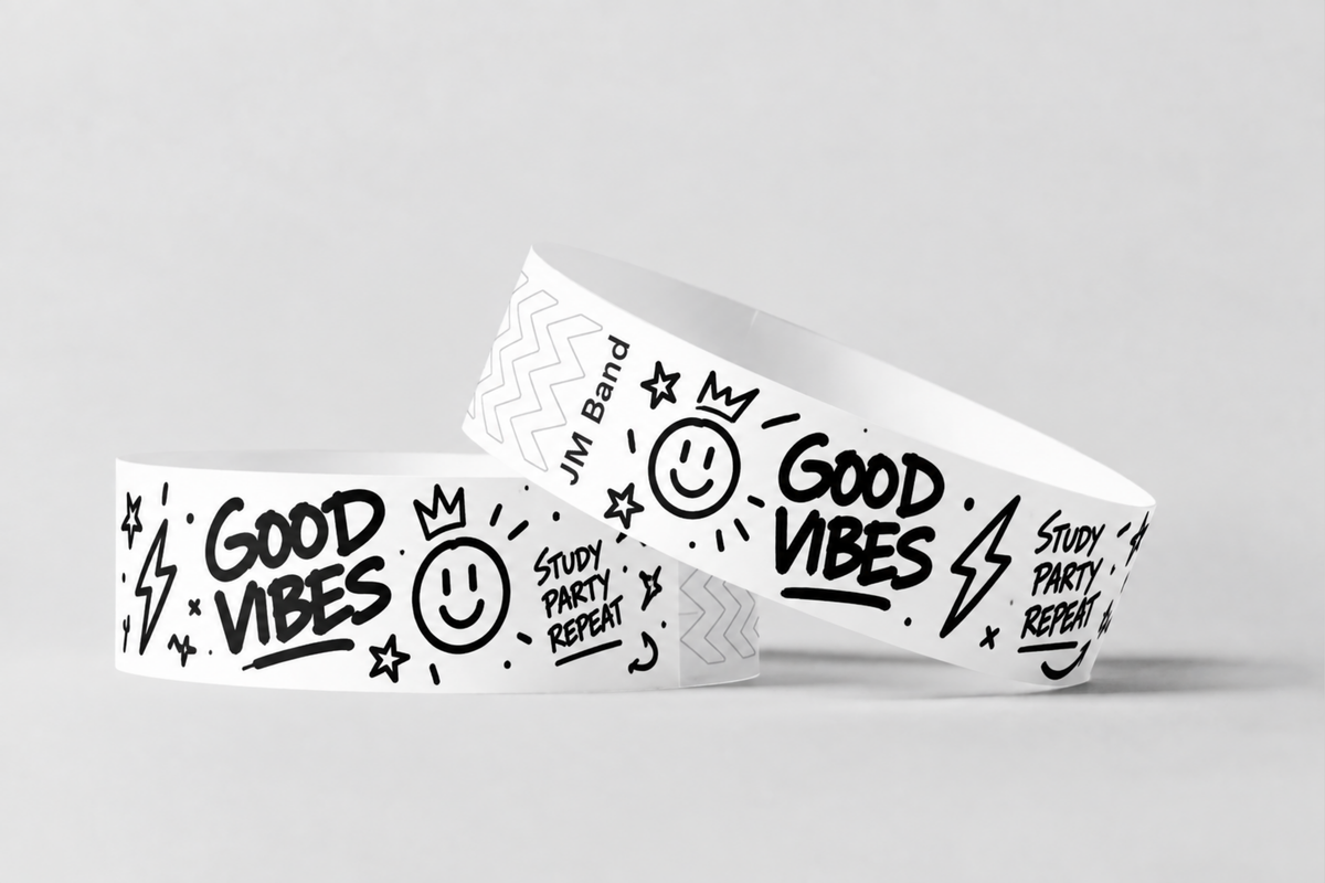 Zwei weiße Papierarmbänder mit schwarz bedrucktem Doodle-Motiv