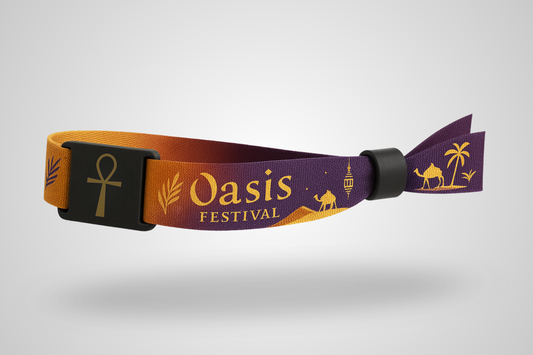 A photo of a fabric wristband with a slider made of ABS plastic